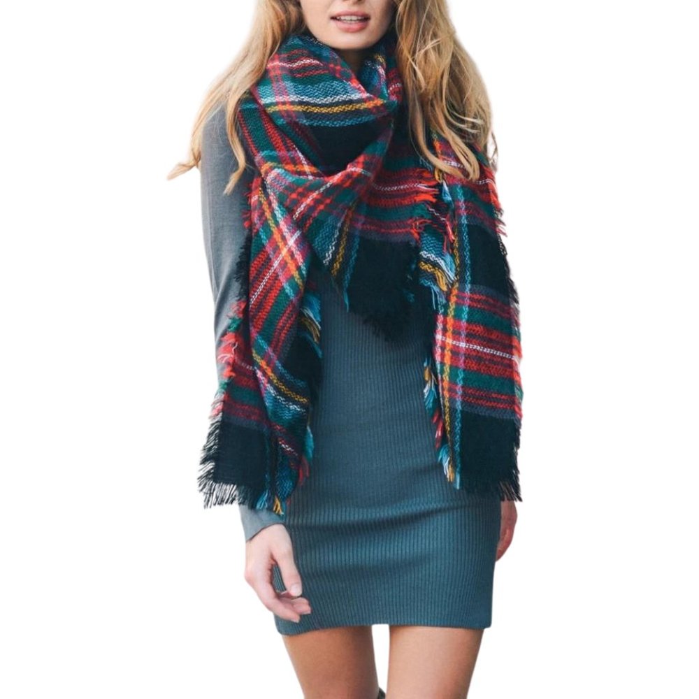 Flannel Frayed Edge Blanket Scarf Black Green Red Soft Acrylic Like Cashmere